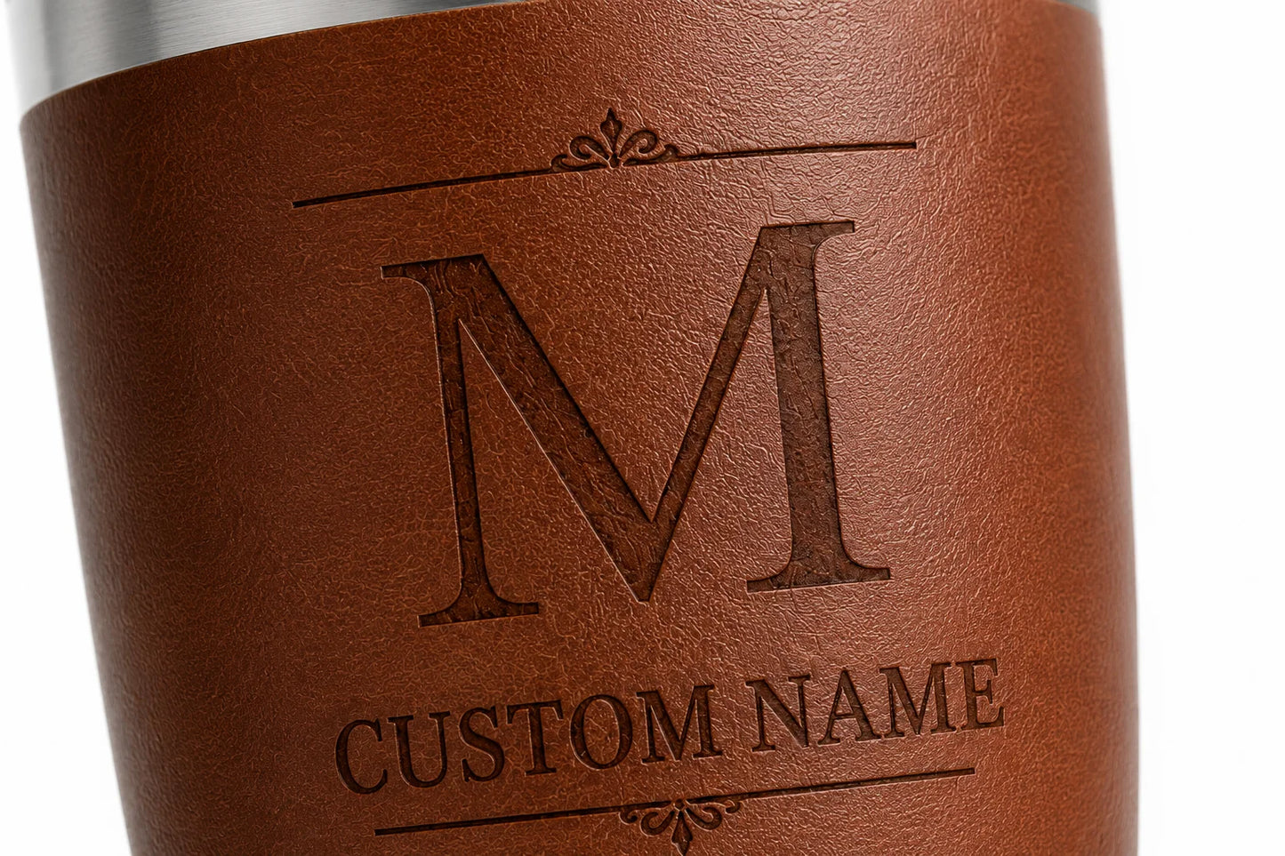 Brown leather cup with embossed monogram and custom name text in elegant font