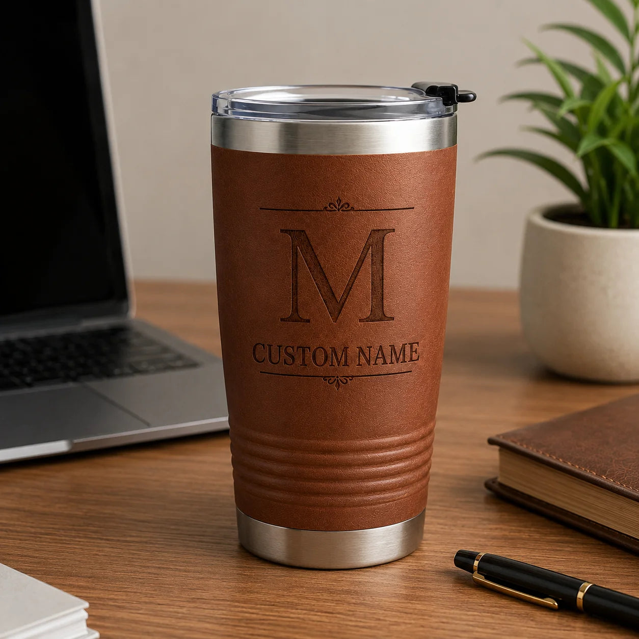 Custom engraved brown tumbler on a wooden desk with a laptop and books
