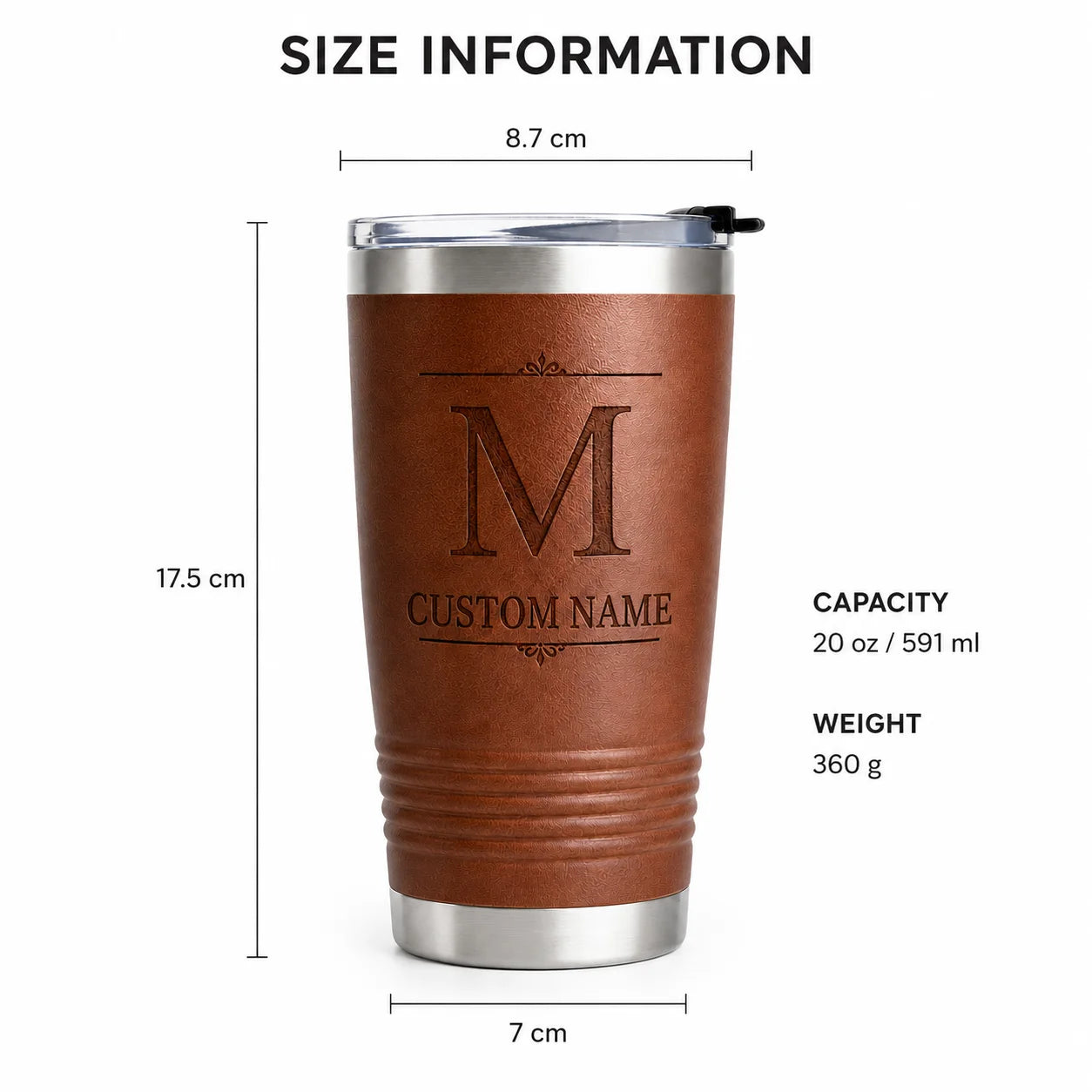 Custom engraved brown tumbler with dimensions, capacity, and weight details