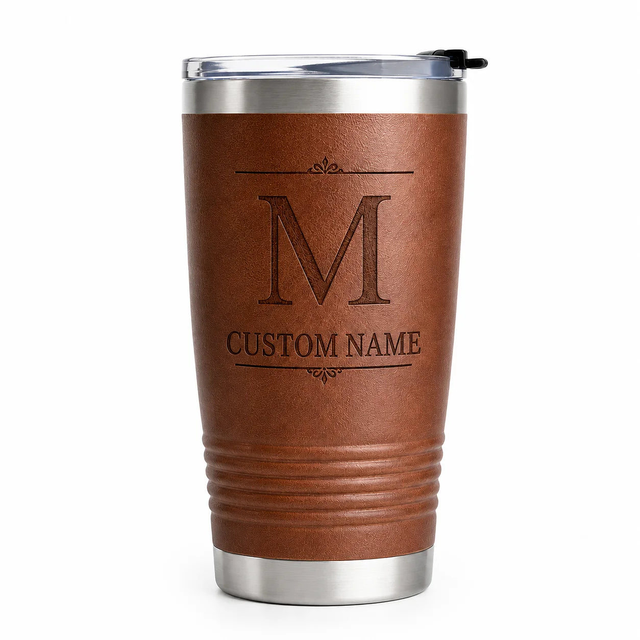 Custom engraved brown tumbler with stainless steel lid and monogram