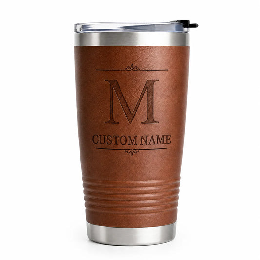 Custom engraved brown tumbler with stainless steel lid and monogram