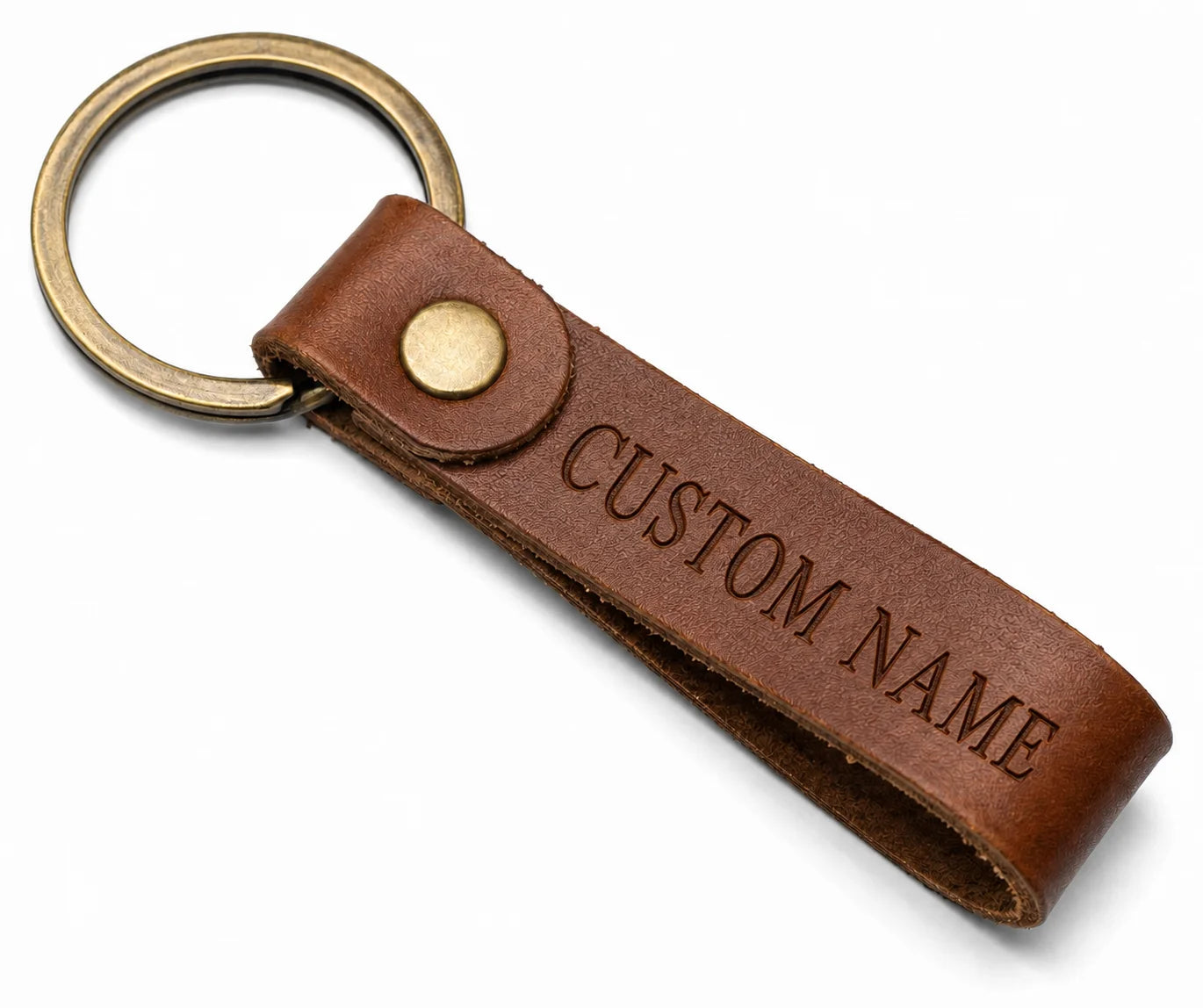Custom engraved brown leather keychain with gold rivet and ring