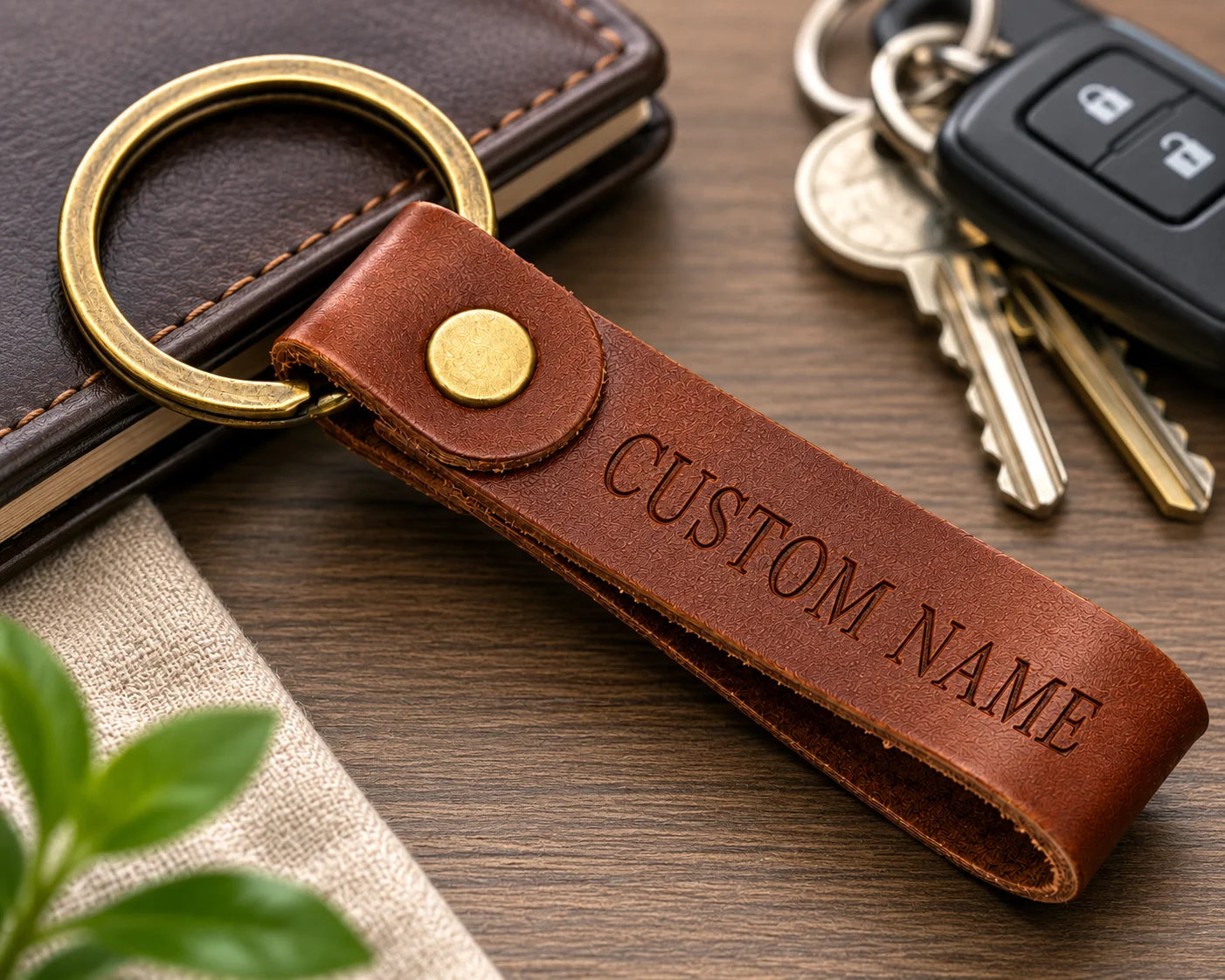 Custom engraved leather keychain beside wallet and car keys on wooden surface