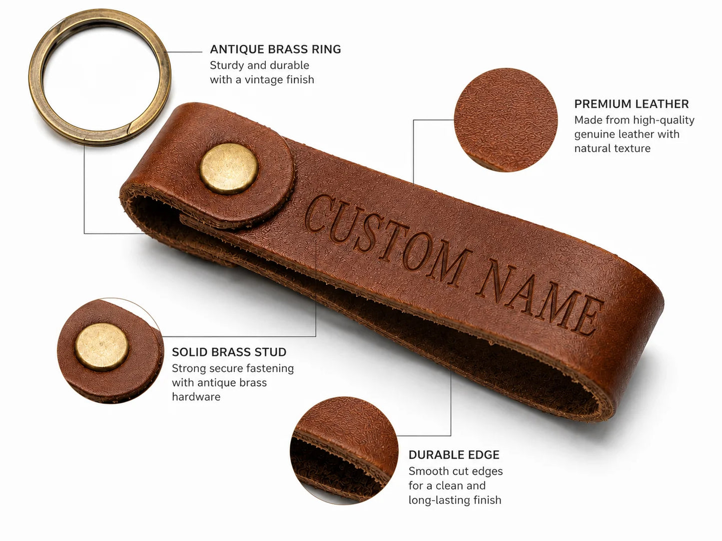 Custom leather keychain with antique brass ring and gold brass stud