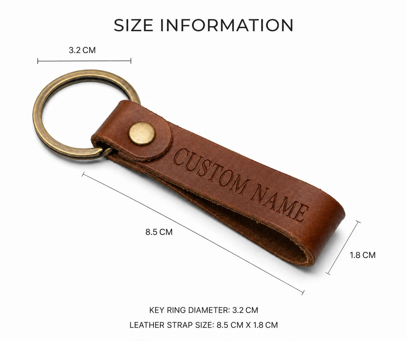 Customizable brown leather keychain with brass ring and debossed text