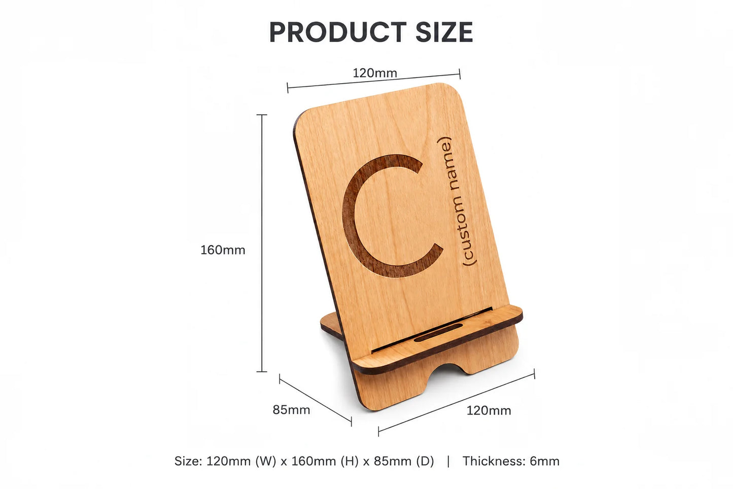Wooden phone stand with engraved letter C and precise dimensions displayed