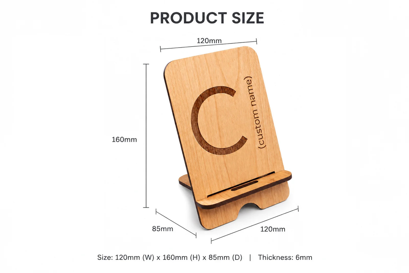 Wooden phone stand with engraved letter C and precise dimensions displayed